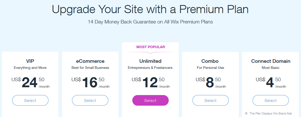 Wix Premium Upgrade Plans